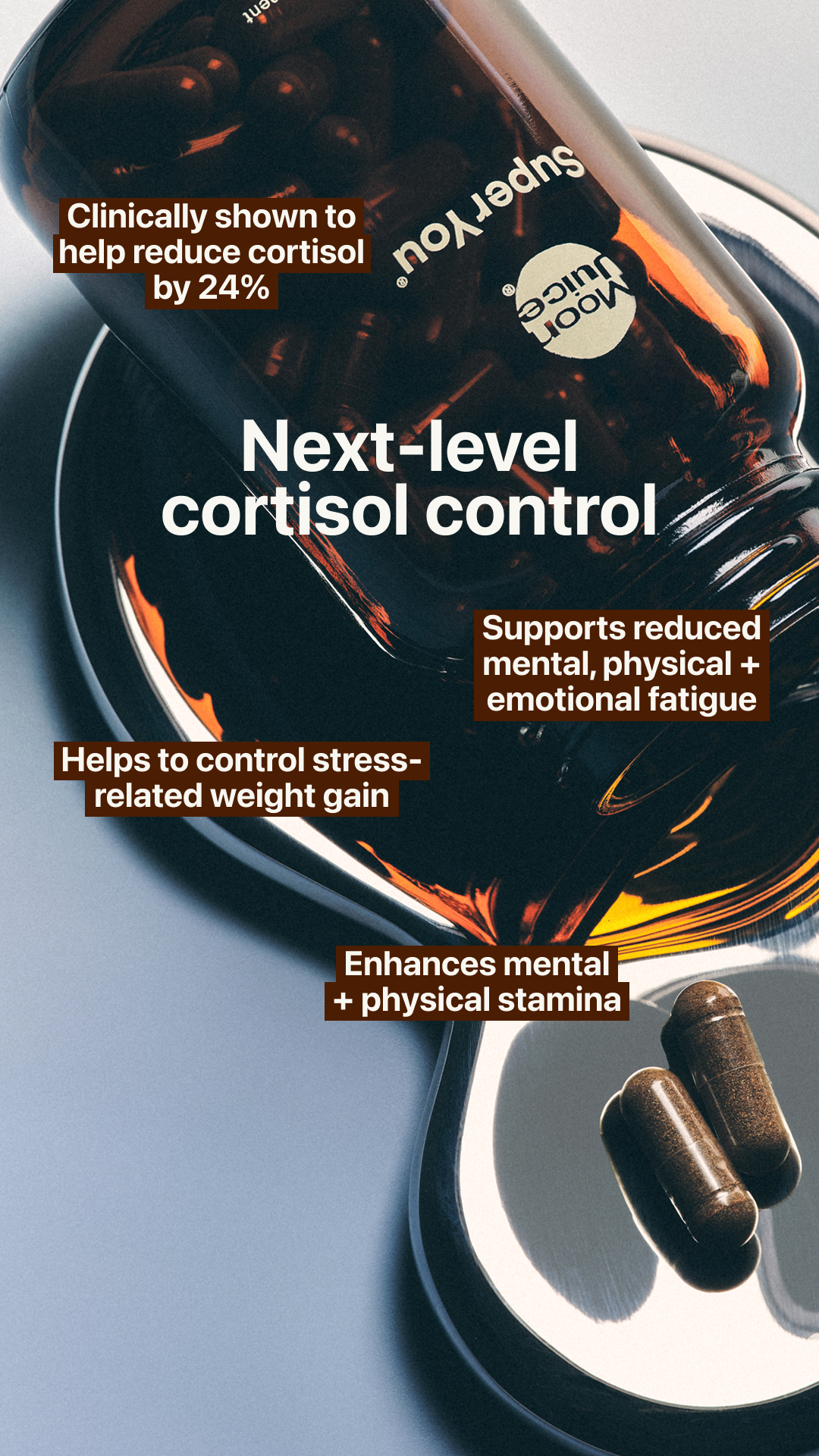 Cortisol changes you. SuperYou changes cortisol. Clinically shown to help reduce cortisol by 24%. A favor to future you in 2 caps a day.