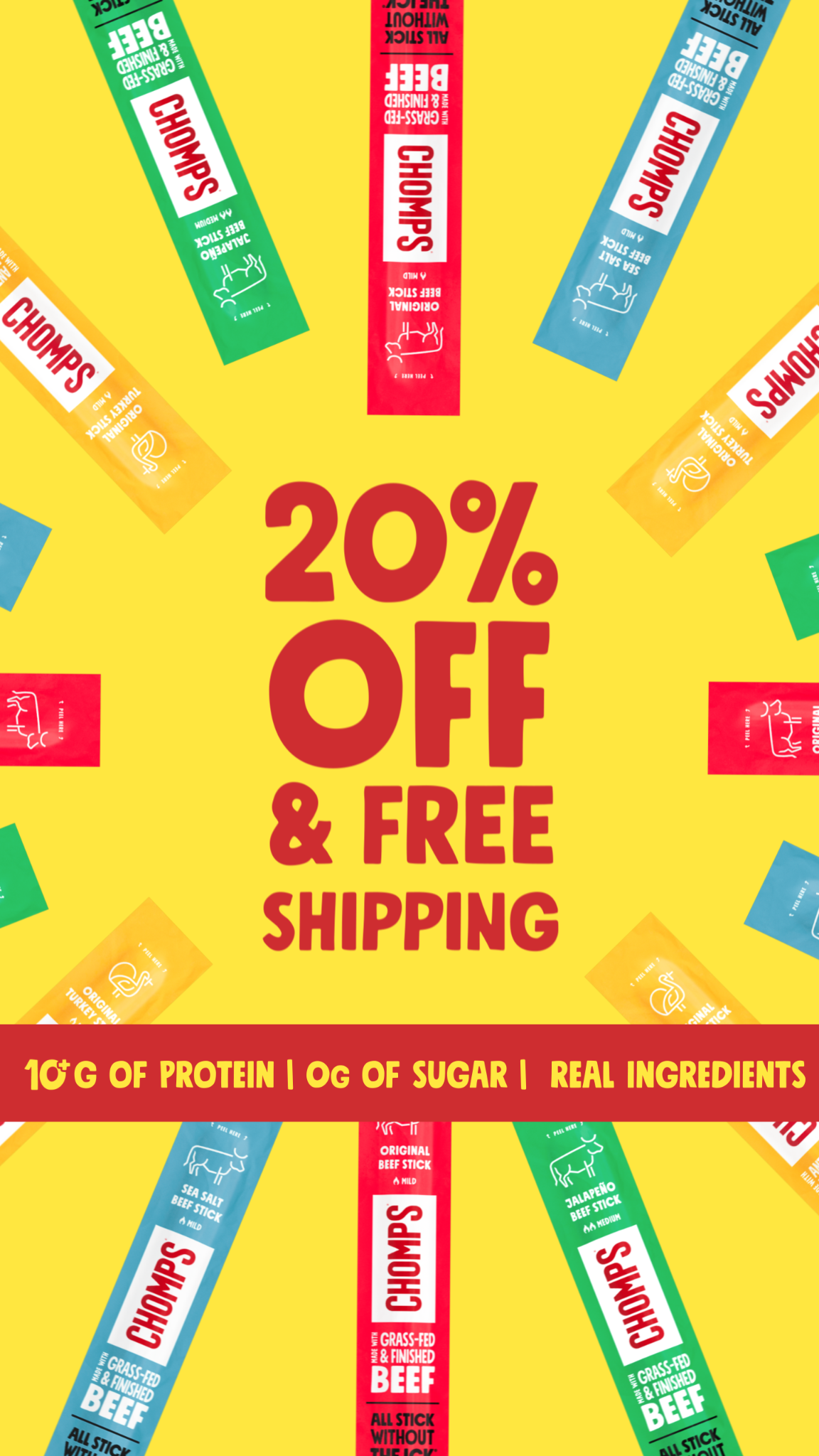 Unlock 20% savings + free shipping on flavorful meat sticks with 10+ grams of high-quality protein, 0 grams of sugar, and real ingredients!