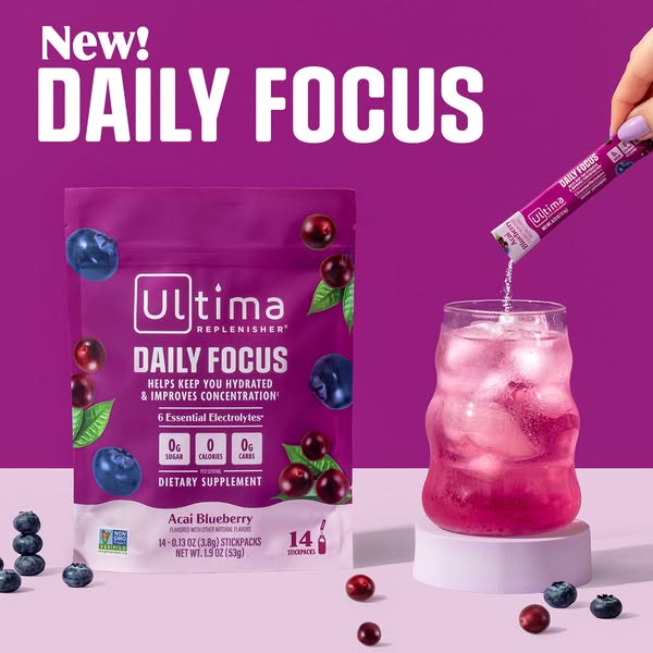 Ultima Daily Focus is electrolytes + natural caffeine from green tea extract, clinically shown to improve focus and concentration.*

*These statements have not been evaluated by the U.S. Food & Drug Administration. This 