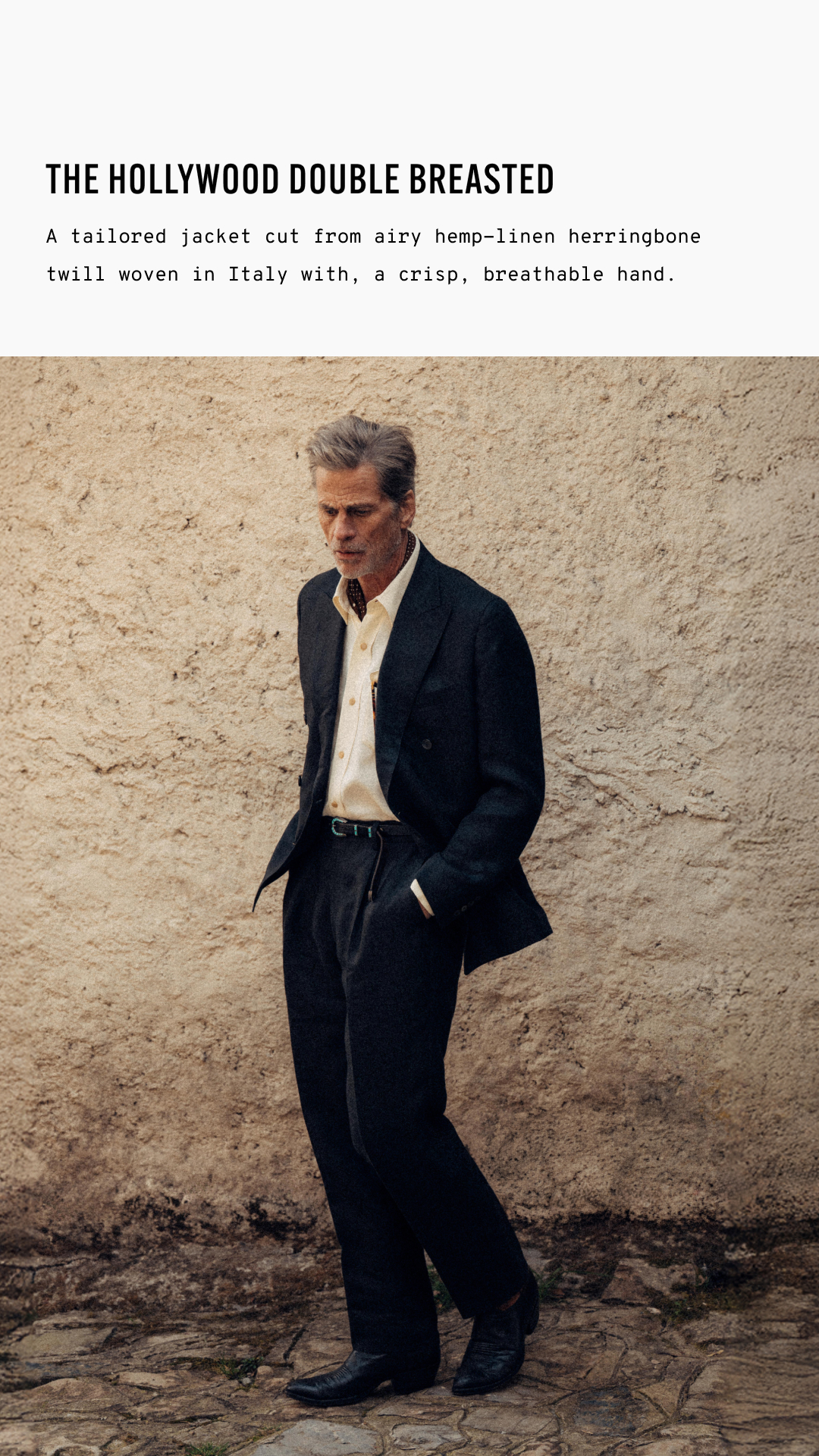 A tailored jacket cut from airy hemp-linen herringbone twill woven in Italy with, a crisp, breathable hand.