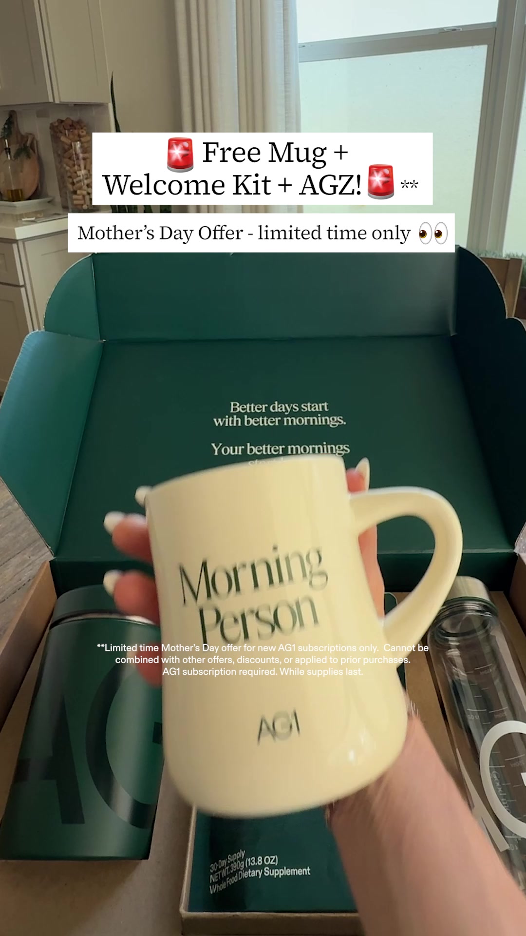 🚨LIMITED-TIME: AG1’S MOTHER’S DAY GIFT SET 🚨

Our limited time Mother’s Day Gift Set was designed to help support mom’s energy during the day and help her get better rest at night. With a free AG1 Welcome Kit, AGZ travel