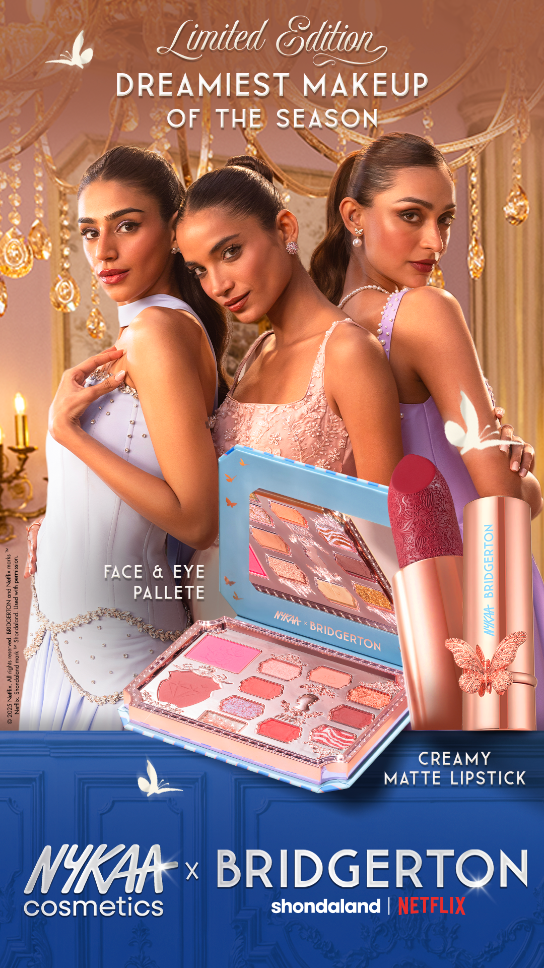 Step into the world of Bridgerton with Nykaa Cosmetics 💖
Explore limited-edition creamy matte lipsticks with collectible rings, along with an elegant face & eye palette — made to be admired and treasured. Shop now.