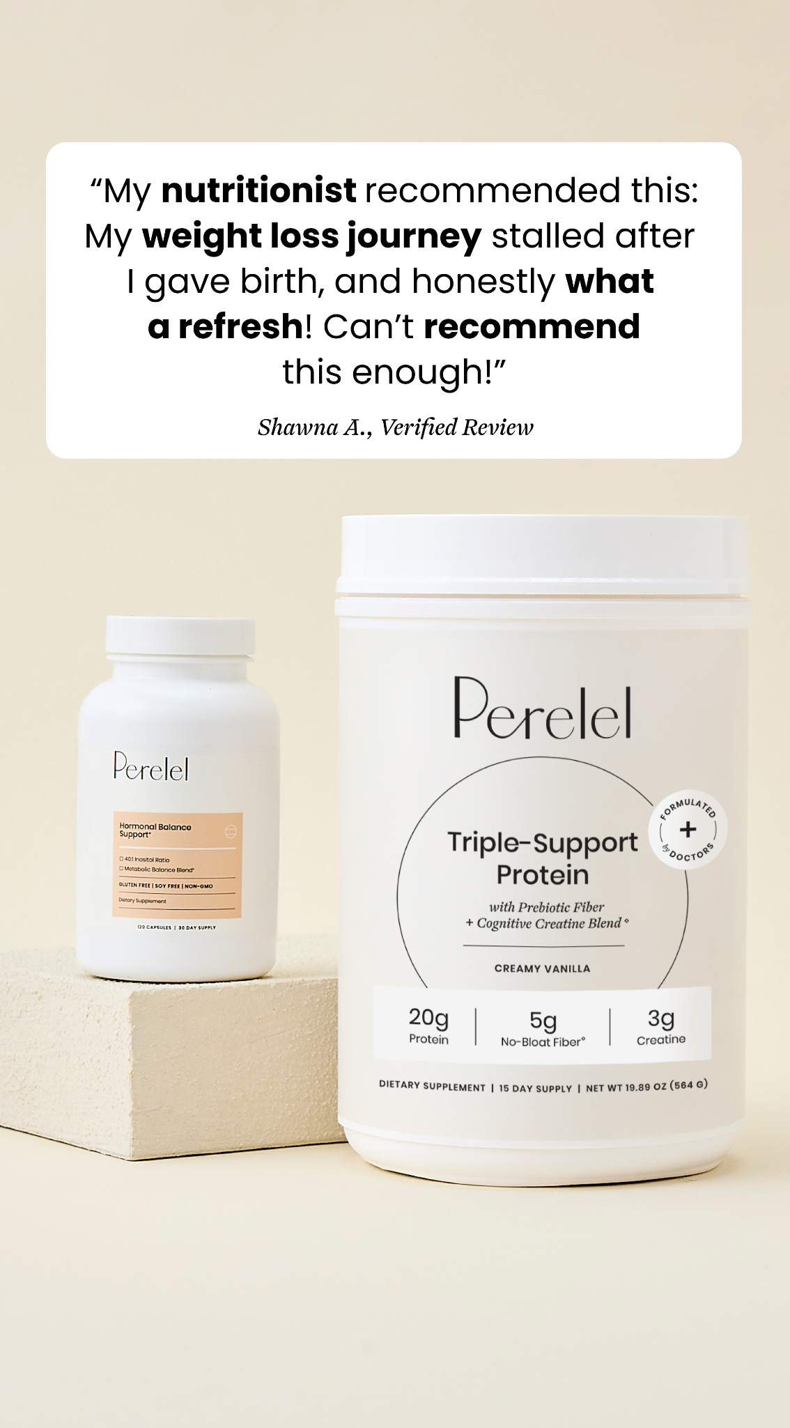 A doctor-backed duo to support long-term metabolic, digestive, and cognitive health.*

Our Hormone & Metabolic Support Duo includes:

💪Triple-Support Protein: 20g protein, 5g fiber, 3g of creatine
😁 Hormonal Balance Supp