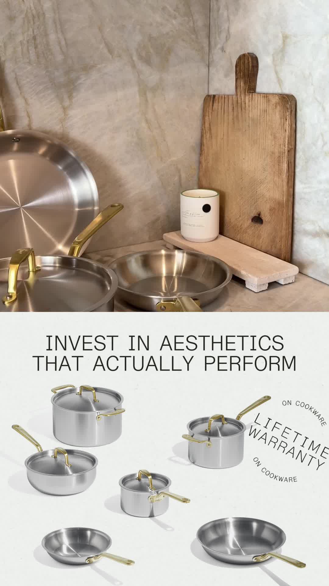 Our Stainless Clad Cookware, used in thousands of top kitchens around the world, now reimagined in Limited-Edition Antique Brass.