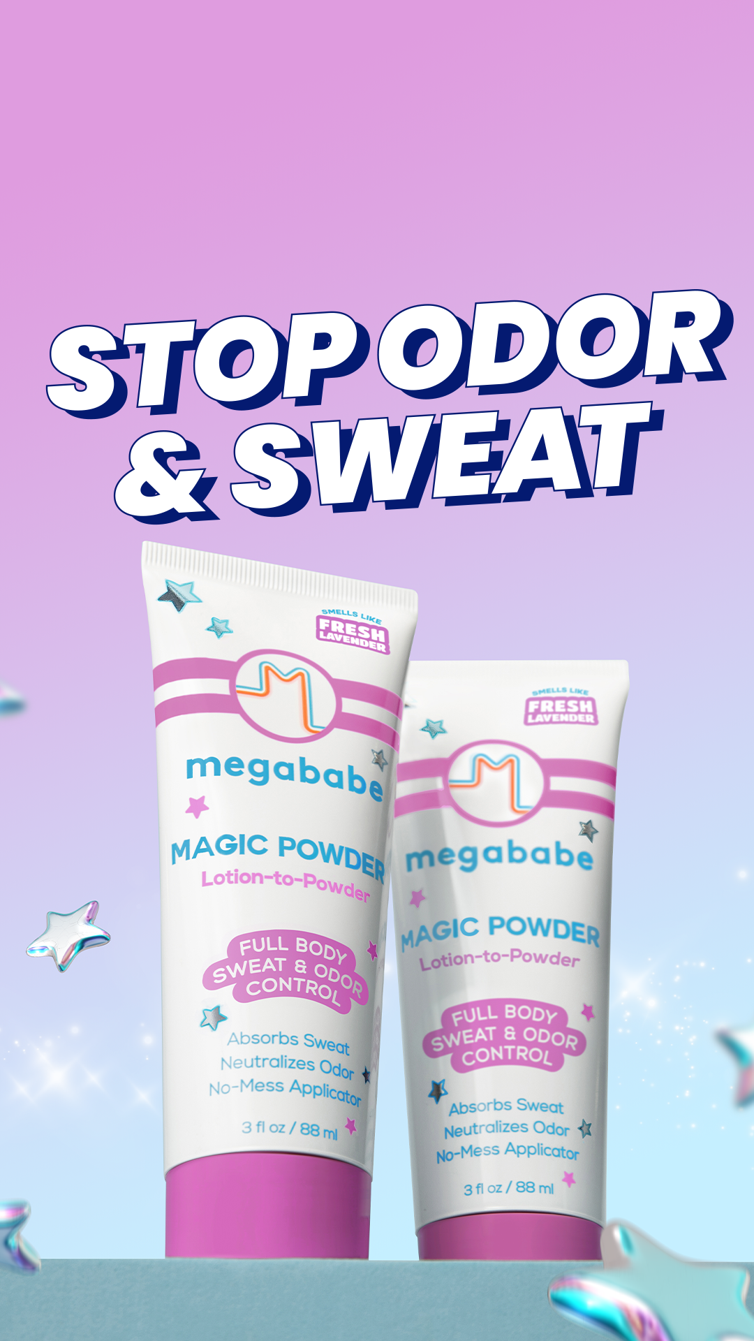 Rubs in like a lotion, and dries like a powder. Magic Powder stops sweat and odor all day.