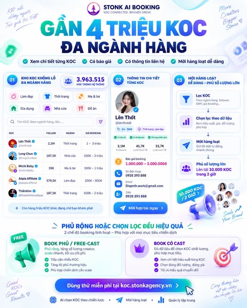 Tặng miễn phí danh sách GẦN 4 TRIỆU KOC ĐA NGÀNH HÀNG Đầy Đủ dữ liệu chi tiết — BOOK PHỦ RỘNG HAY CHỌN LỌC ĐỀU CÓ CÁCH LÀM

Nhiều bên thiếu KOC để phủ số lượng.

Nhiều bên lại có quá nhiều KOC nhưng không biết chọn ai ch