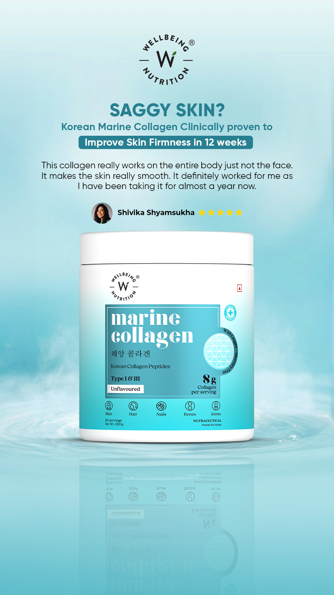 Backed by clinical studies, our clinically proven Korean Marine Collagen offers 8g of Type I & III collagen peptides designed to absorb 5X better and give quicker, visible results.