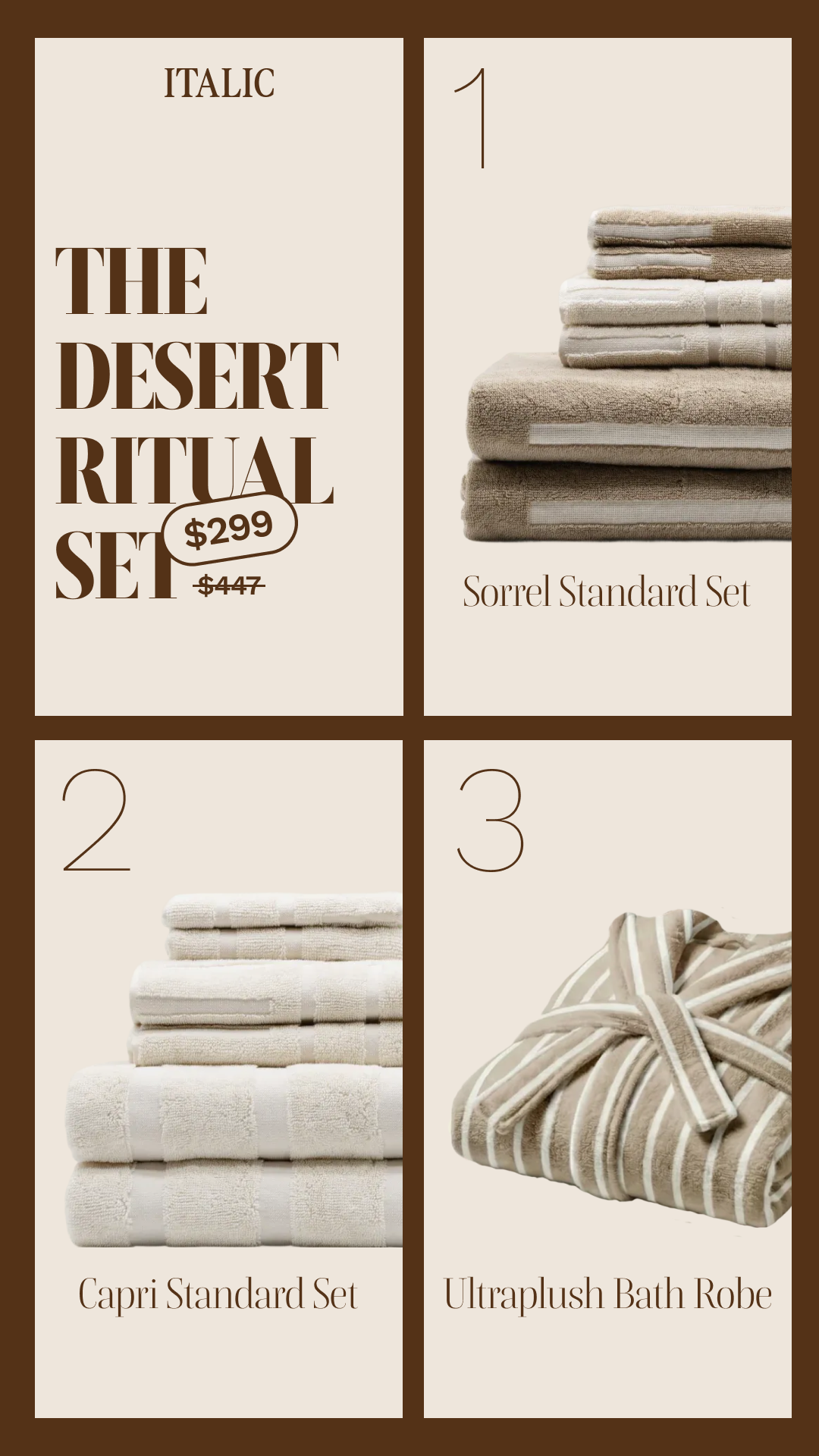 Stop buying one-offs. The Desert Ritual Set is the complete overhaul your bathroom—and your skin—deserves.

The Lineup:
✅ The Ultraplush Robe: Striated, ultra-plush, and iconic.
✅ The Capri Set: Architectural textures in