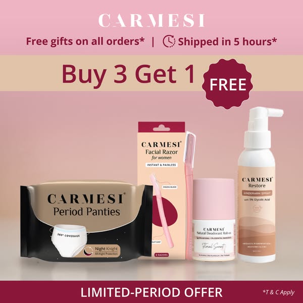 Buy 3, Get 1 FREE on Carmesi’s gentlest care essentials — from disposable period panties for heavy flow to natural deodorants, facial razors, and body razors. Comfort, confidence, and care in every product.
