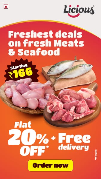 Upgrade your meals with farm-fresh meats and seafood. Enjoy unmatched freshness, great prices starting at ₹166, plus flat 20% off and free delivery on your first order.