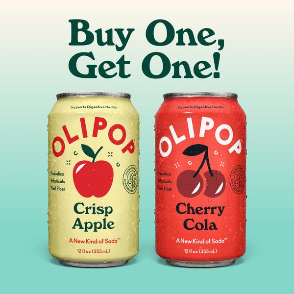 Turn up the feel good. BOGO: buy 2 OLIPOPs, get money back on 1. Drink OLIPOP.