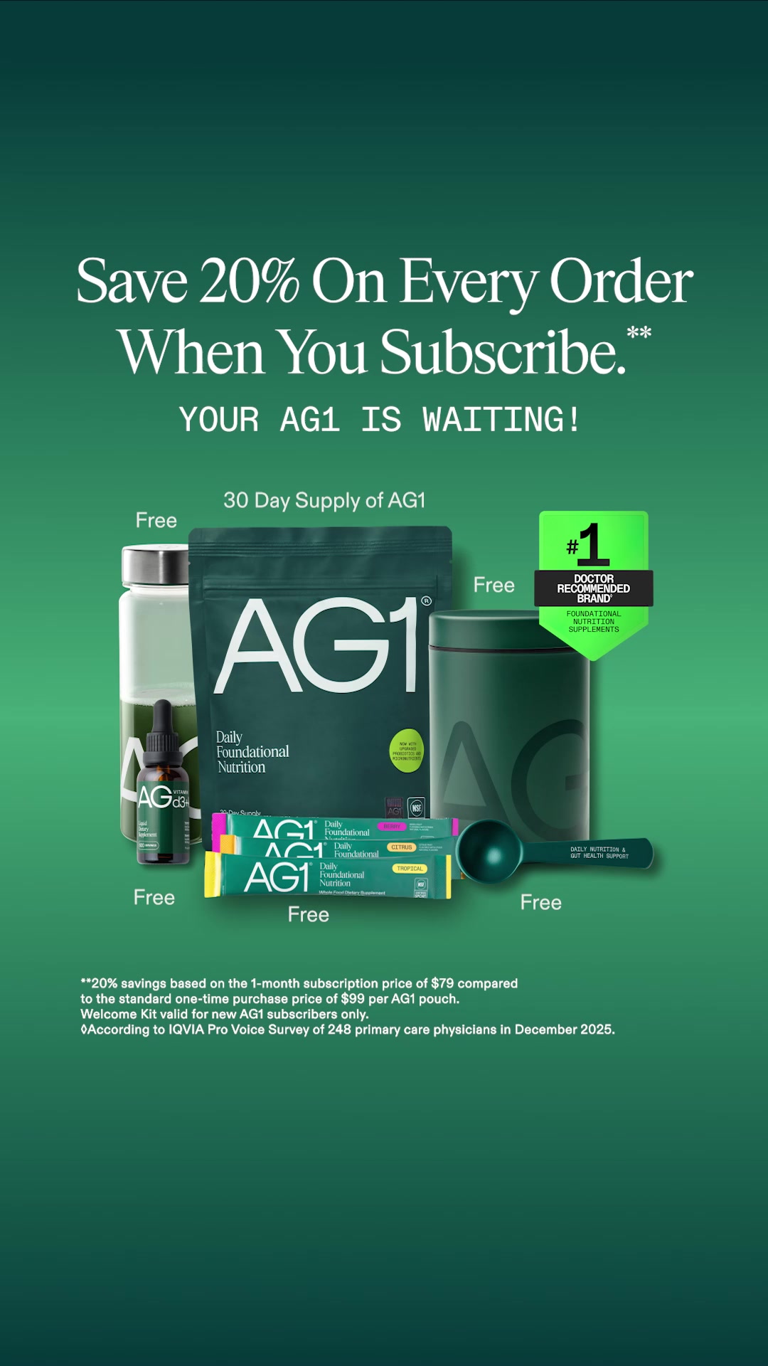 Save 20% on every order when you subscribe, plus FREE Welcome Kit valued at $72.**

Commit to consistency and feel the difference in energy, gut health, and immune health support.* With your first order subscription, you