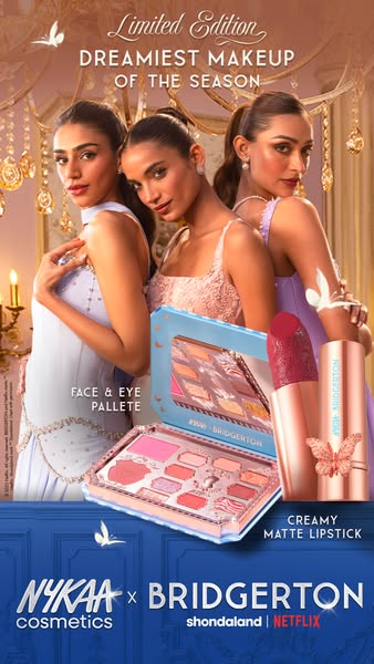 Step into the world of Bridgerton with Nykaa Cosmetics' new face & eye palette, paired with limited-edition creamy matte lipsticks featuring collectible rings. Get ready to make a regal statement! Shop now and discover y