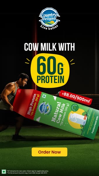 Double your protein intake with Country Delight High Protein Cow Milk. It has 60g protein which is 2x the amount found in regular cow's milk (NIN 2017).

Order now and get it at ₹88/900ml with the FREE VIP Trial offer fo