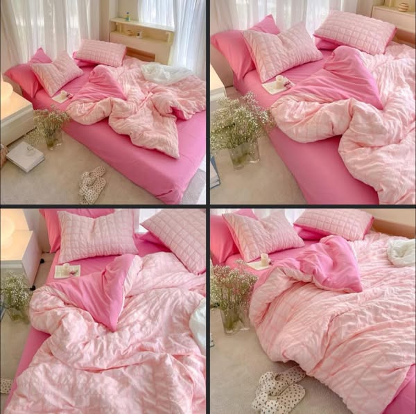 Pink Seersucker 4 IN 1 Bed Sheet Set Plain Dyed Bedding Set Single/Queen/King Size Flat Sheet/Fitted Sheet Pillowcase Quilt Cover | Shopee Malaysia