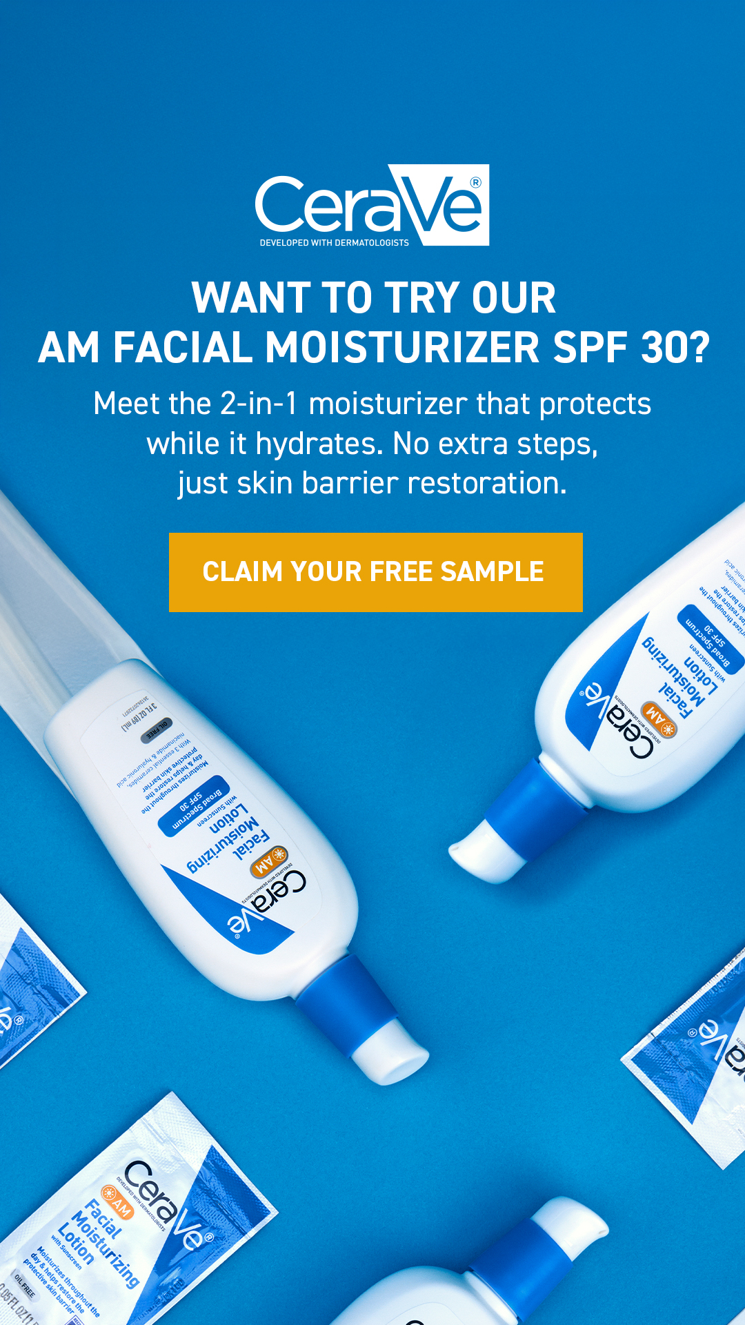2 steps. 1 bottle. Meet your simple morning skincare staple. Grab a free sample of CeraVe AM 30 while supplies last. ☀️