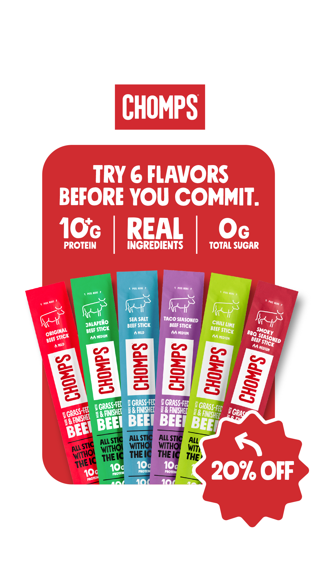 Grab the Beef Trial Pack and try 6 Chomps Beef flavors! Plus, get 20% off your first order.