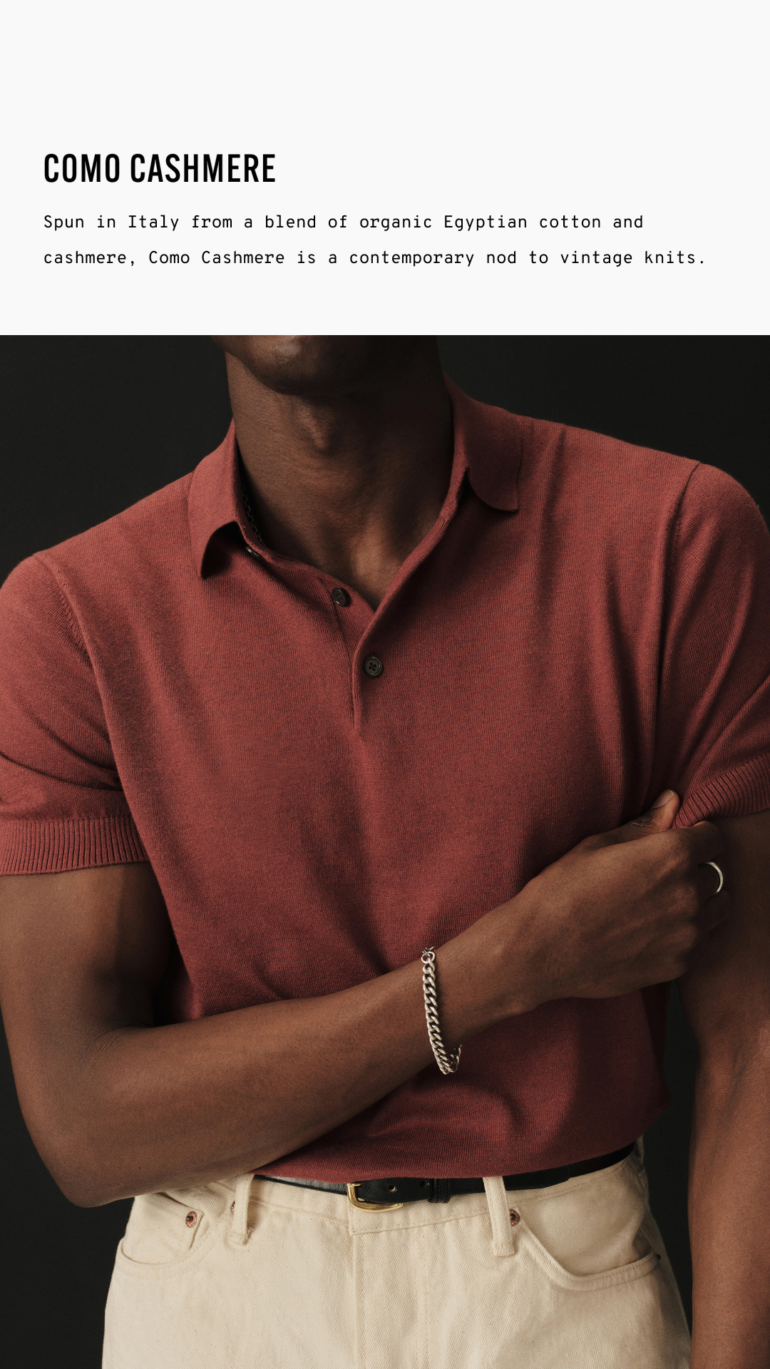 Spun in Italy from a blend of organic Egyptian cotton and cashmere, Como Cashmere is a contemporary nod to vintage knits.