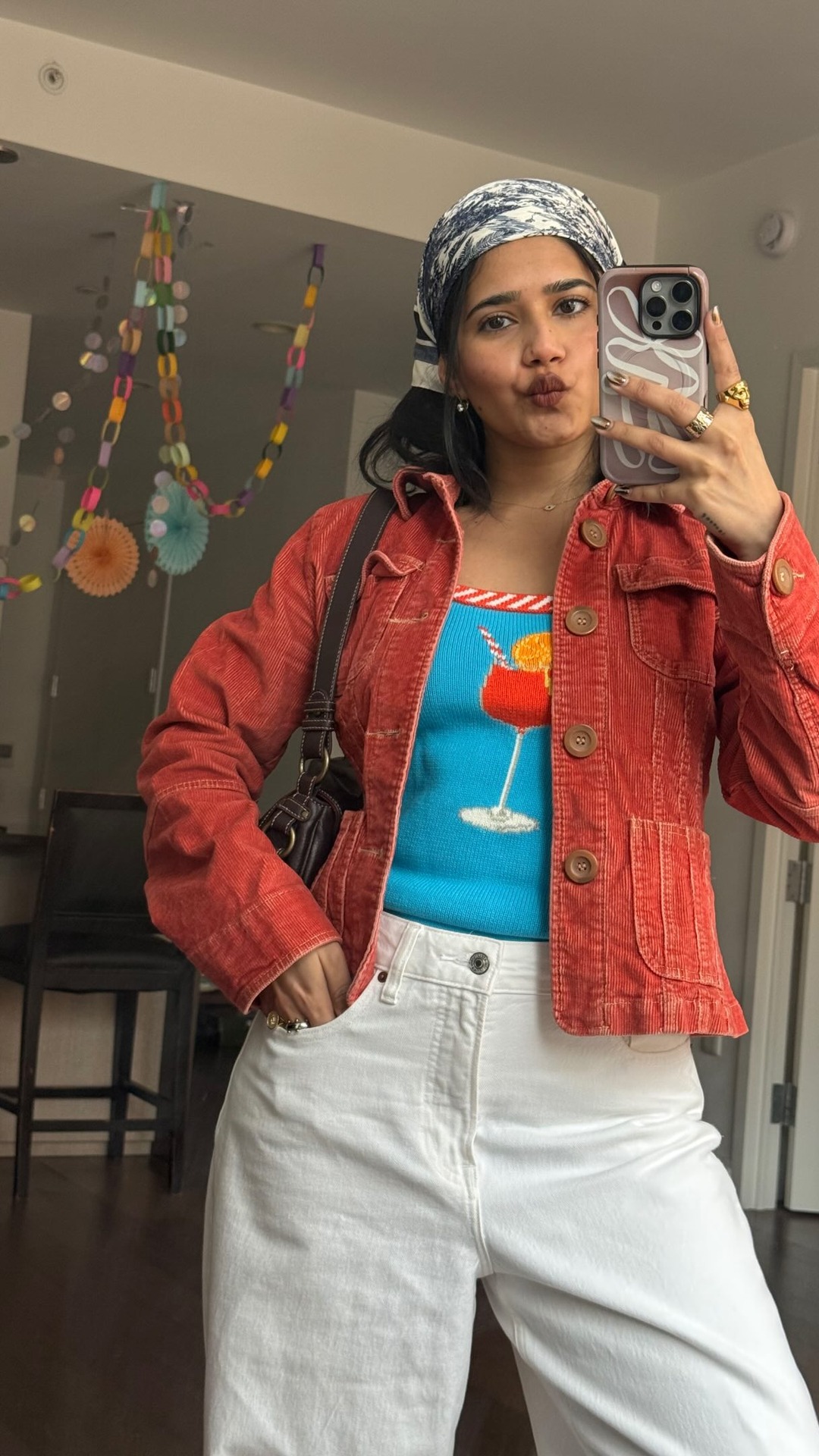 The way this top from @renttherunway helped me style the coolest fit 👩🏻‍🍳😘 #RTRPartner #RTRMuse @rtrmuse 

#grwm #explore #reels 

[styling a Rachel Antanoff top with white pants and orange jacket, spring styling, colore
