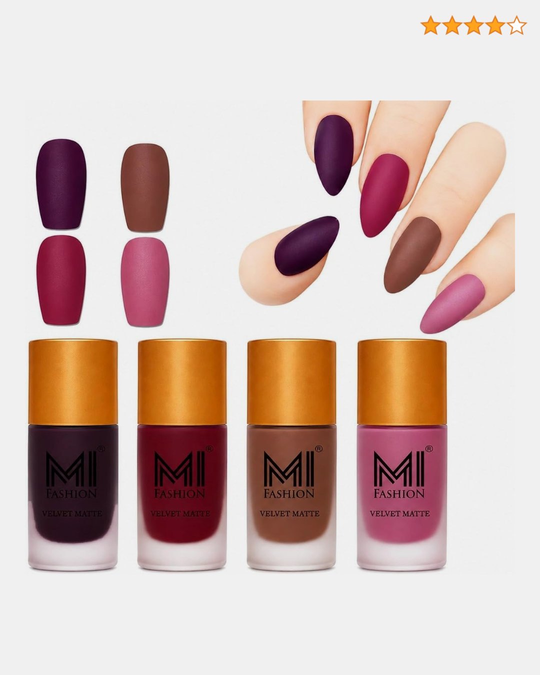 MI FASHION Soft Smooth Unique Matte Finish Nail Polish Combo Sets Of 4 Unique Colors - Magenta Red, Bordeaux, Deep Coffee, Rose Taupe - 39.60 Ml