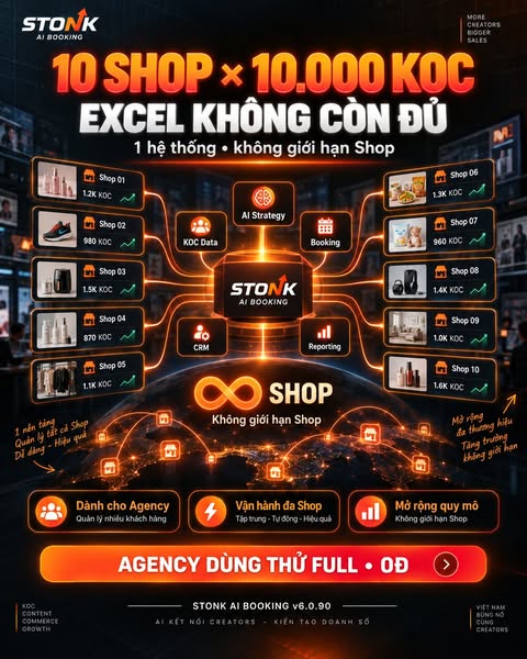 1 SHOP CÓ THỂ QUẢN LÝ BẰNG EXCEL.
10 SHOP THÌ SAO?
Shop A một file.
Shop B một file.
Shop C một tài khoản.
Mẫu một bảng.
Creator một bảng.
Nhân viên lại giữ thêm file riêng.
Cuối tháng:
Không ai biết file nào mới nhất.
Đ