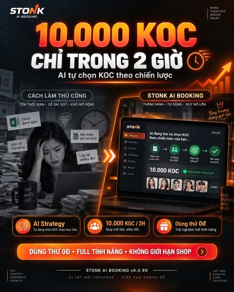 Để Gửi lời mời cộng tác cho 10.000 KOC — TEAM BẠN CẦN BAO LÂU ĐỂ TIẾP CẬN HẾT?
1 ngày?
3 ngày?
Hay cả tuần vẫn chưa xong?
Nếu team vẫn đang:
❌ Tìm từng KOC
❌ Mở từng profile để kiểm tra
❌ Copy dữ liệu sang Excel
❌ Chia d