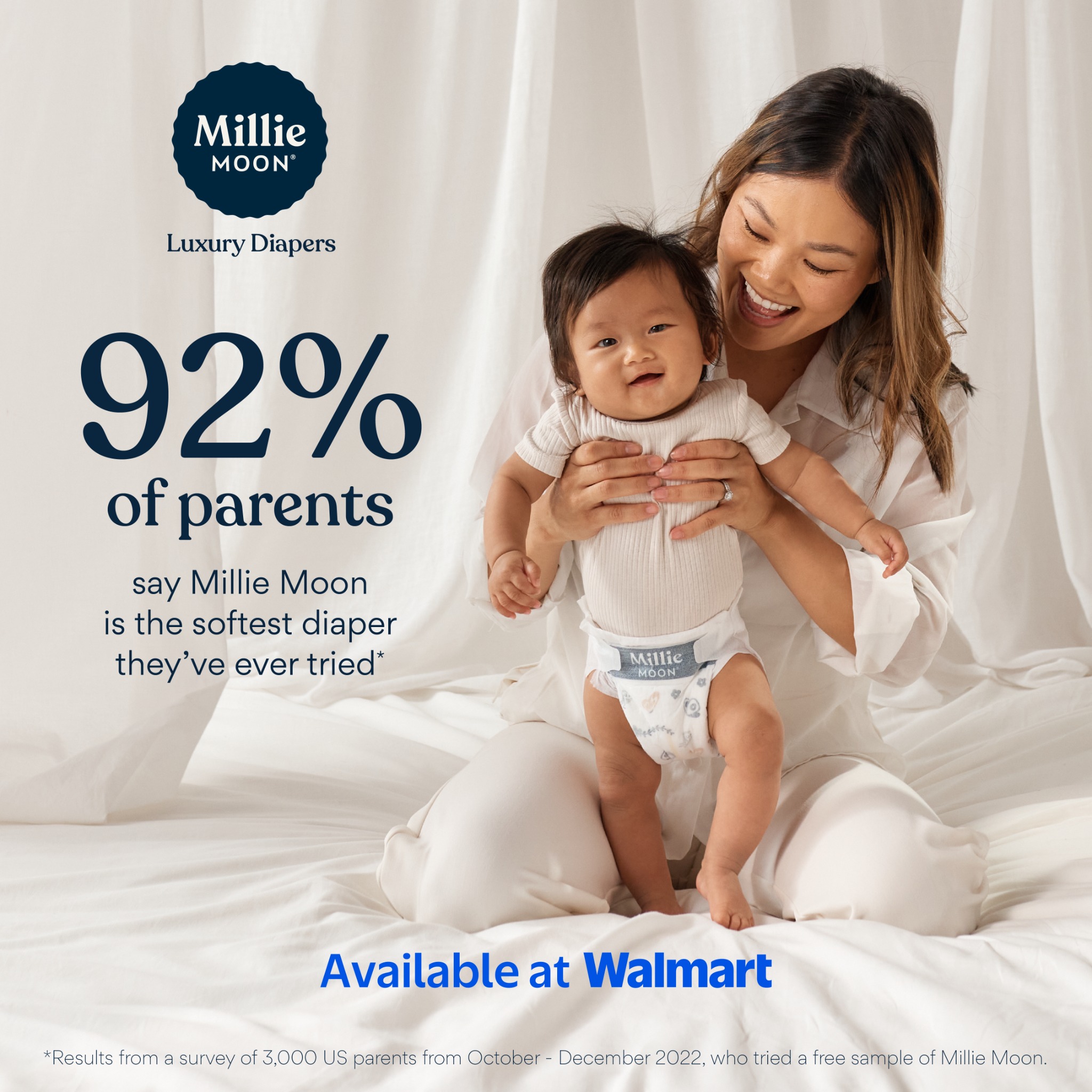 Diapers so soft, they feel like a cloud ☁️ Only Millie Moon Luxury Diapers have CloudTouch™ Softness for ultimate comfort. 92% of parents say Millie Moon is the softest diaper they have ever tried.*

✨ Enhanced fiber ble
