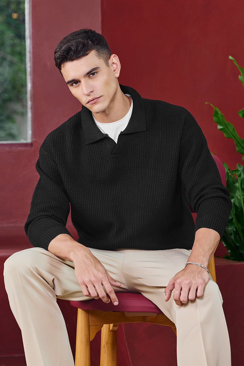 Snitch Men's Core Lab Black Textured Relaxed Fit Sweaters | Relaxed Fit | Viscose Blend | Textured | Polo Collar | Core Lab | Casual Wear