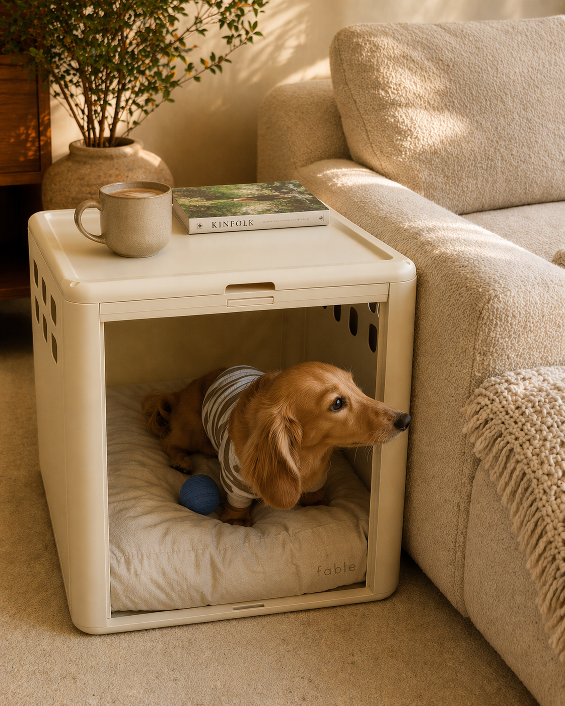 Meet the Essential Crate. A thoughtfully designed dog crate that gives your dog a calm, den-like space and lets your home stay a home.

All the function you expect from Fable. Designed for everyday life.