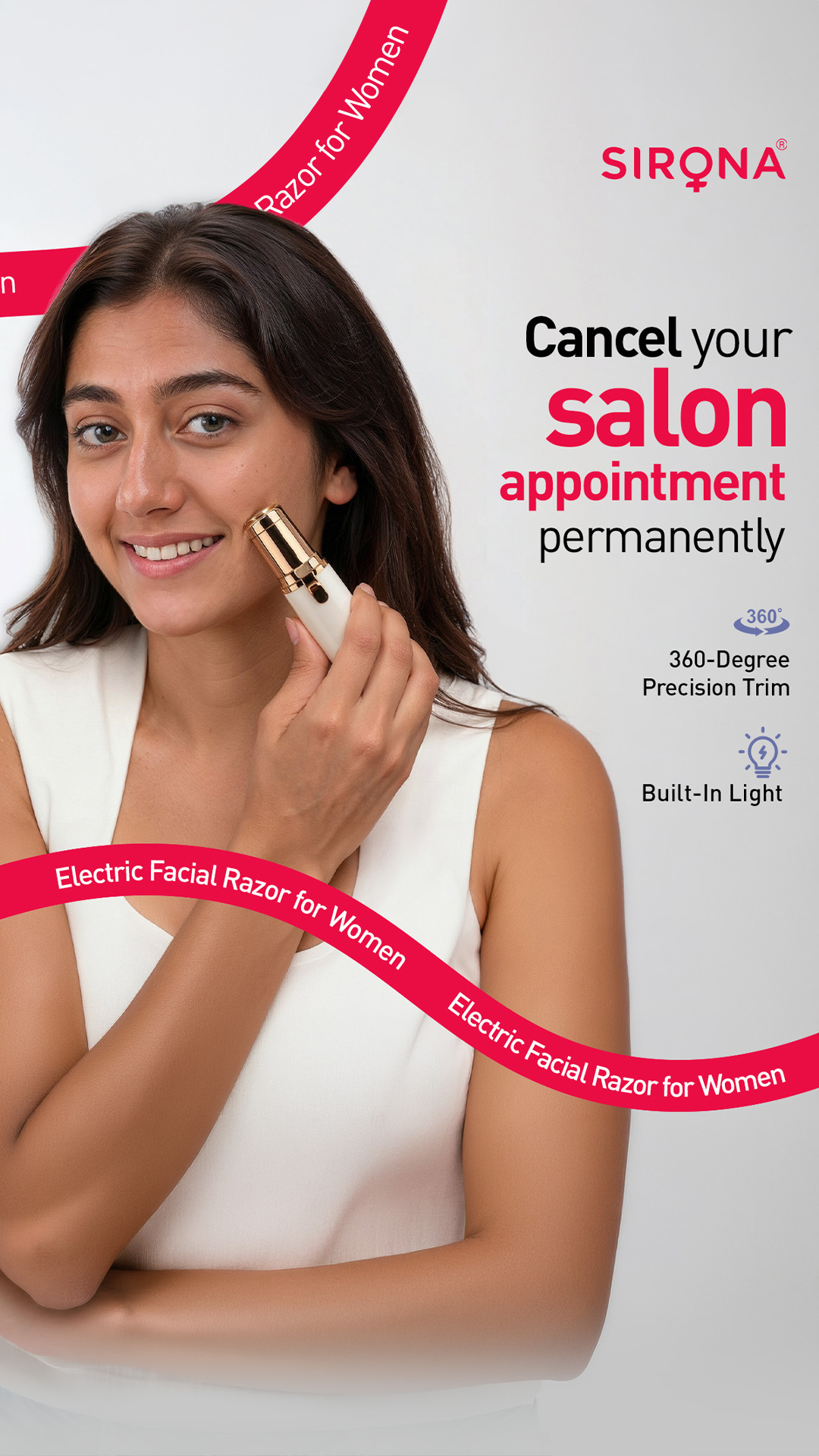 The Sirona Electric Razor gives you hair-free skin in minutes. No redness, no threading bumps, and zero downtime.