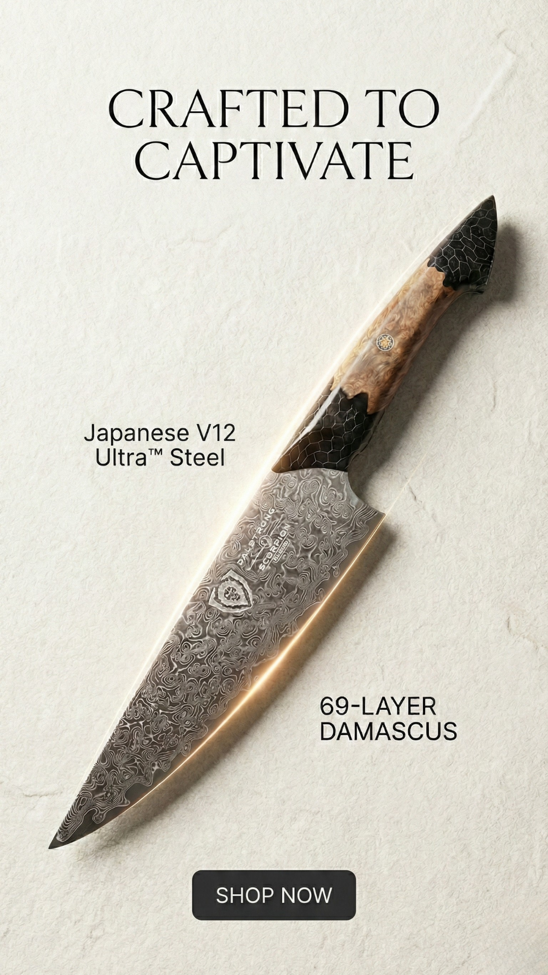Next-level precision in the kitchen with the Scorpion Series 8″ Venom Edition Chef Knife — forged on proprietary Japanese V12 Ultra™ steel and wrapped in 69 layers of striking Damascus for ultra-smooth slicing through me