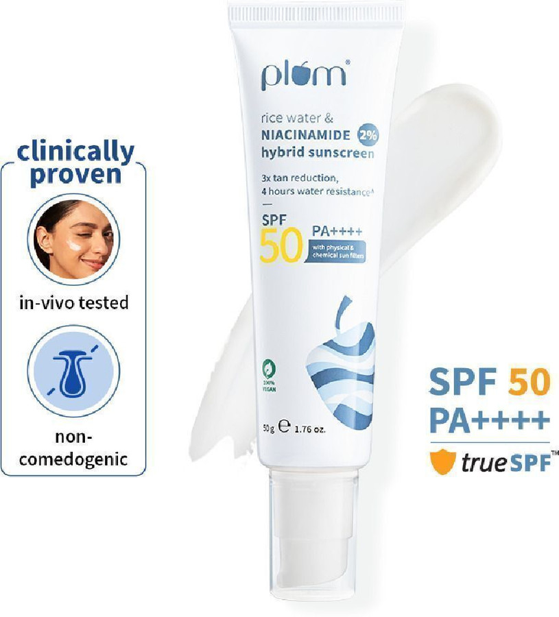 Plum Rice Water & Niacinamide Sunscreen hydrates, controls oil, melts invisible. Non-comedogenic. trueSPF™ guaranteed.