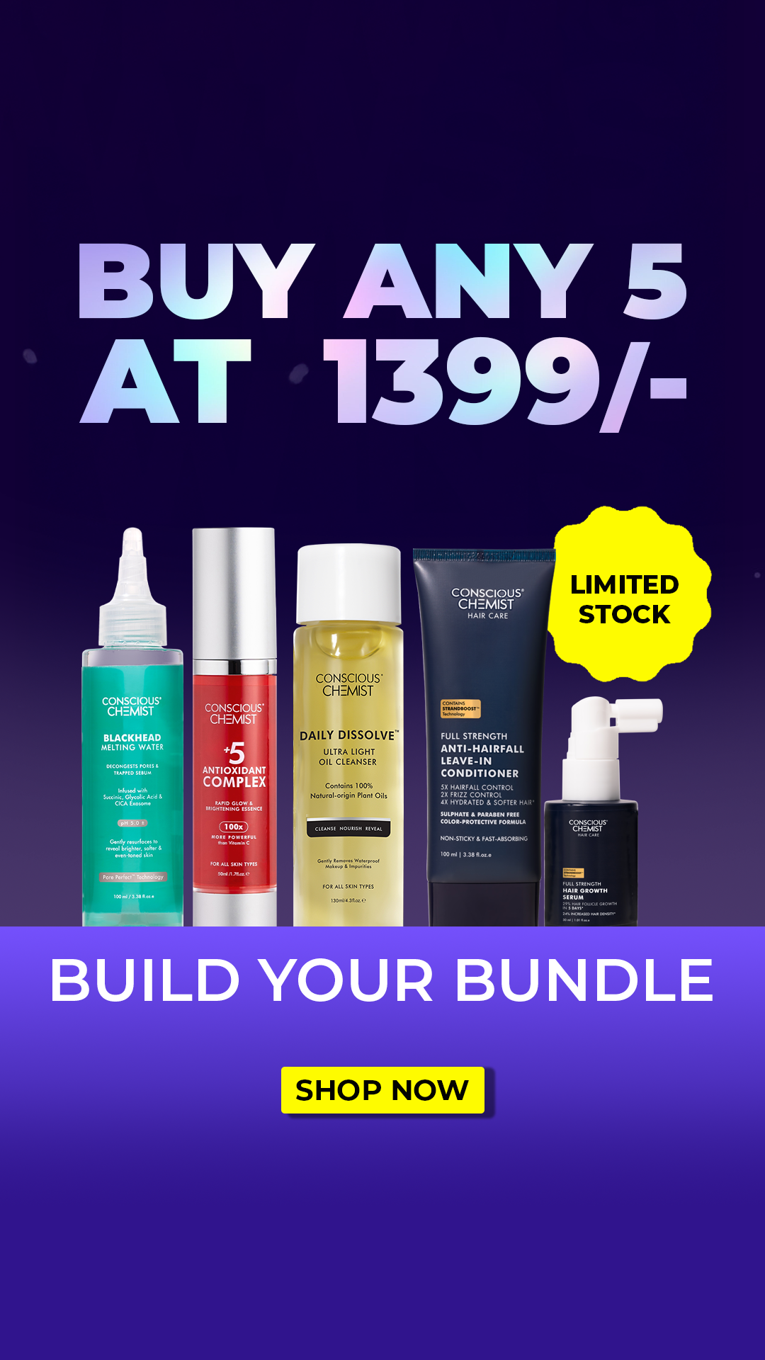 🎁 Build Your Own Box – 5 At ₹1399 🤑
Bulk buying, but make it skincare.
Best value for skincare hoarders and glow chasers. Full routine, full savings.
Science-backed skincare, now affordable 😌