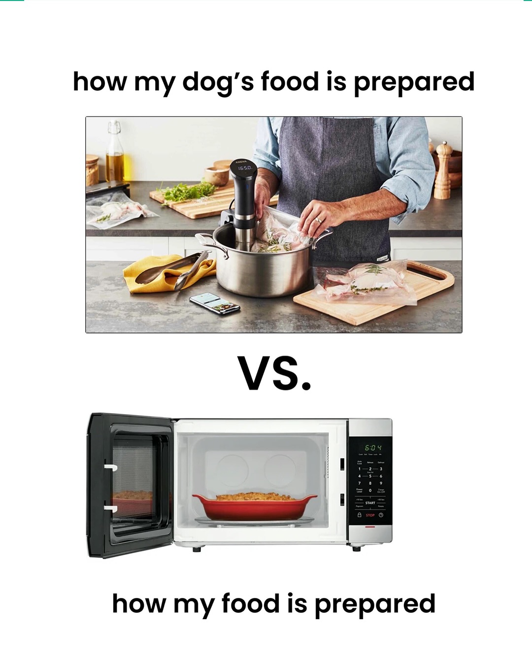 Michelin-starred kitchens swear by sous-vide, and so do we! Many other “fresh dog food” brands cook with high heat 🔥 That heat can shrink food by about 25%, taking vitamins, nutrients, and protein with it 🤯 With sous-vid