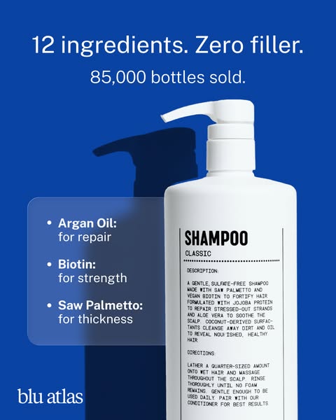 Most shampoos list 40+ ingredients. Ours has twelve. Argan oil repairs damage. Biotin strengthens from the root. Saw palmetto supports thickness.

No sulfates, no parabens, no synthetic fragrance. Just what your hair act