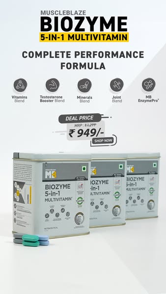 ⚡ Fuel Your Fitness With 5X Benefits! 🛒 Order MuscleBlaze Biozyme 5-In-1 Multivitamin @ Rs. 949. 💸