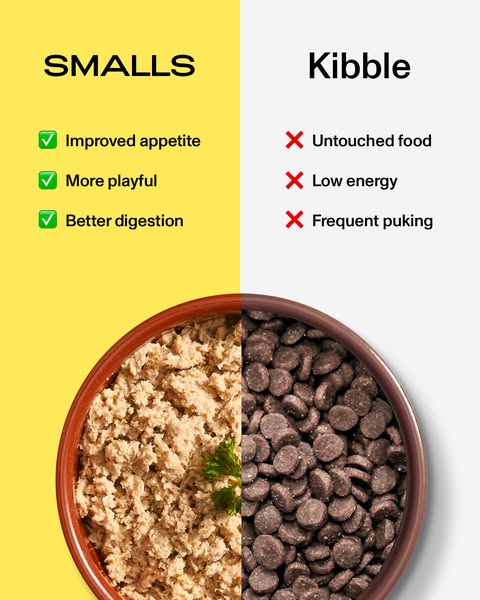 Smalls is 100% real protein. No carbs, no preservatives. Just the best for your best friend.