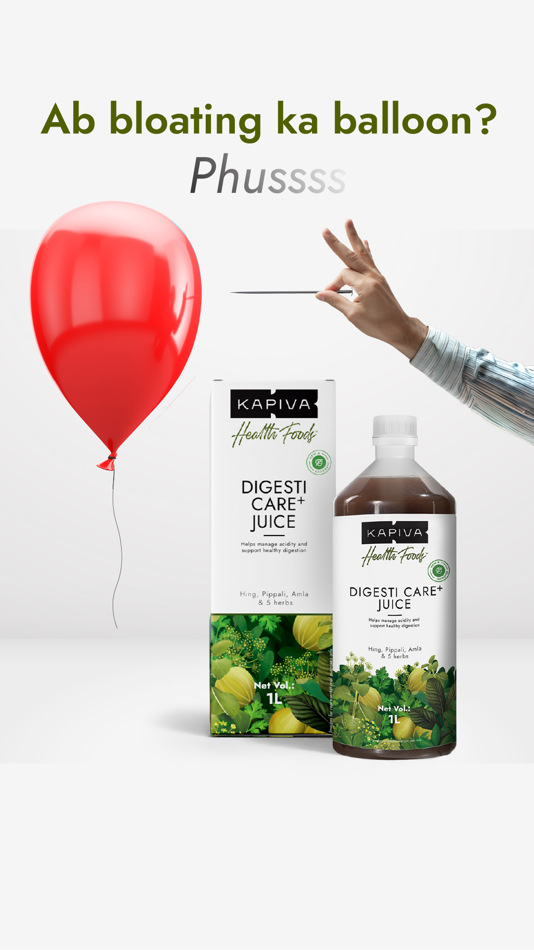That heavy, bloated feeling after meals? 😣 Your gut deserves better.
8 herbs. 1 powerful juice. ✨

Kapiva Digesti Care+ Juice brings together 8 powerful Ayurvedic herbs —Amla 🍈 · Ajwain 🌾 · Hing 🥔 · Jeera 🍃  · Pippali 🥜 