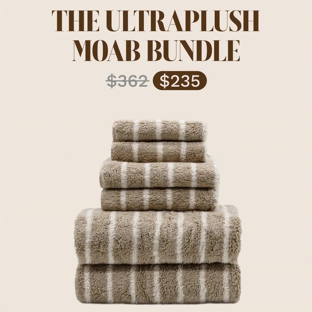 The math is mathing. 🧮
✅ 6x Striped Ultraplush Towels
✅ 1x Matching Ultraplush Bath Robe
✅ 1x Ultraplush Bath Mat in Sand

Your Price: $235
Total Value: $362+

Score the Moab Bundle before the "Weekend Heatwave" deal coo