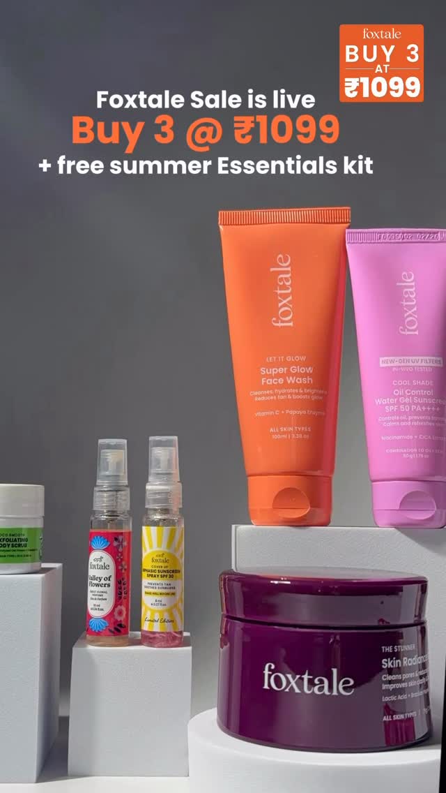 If summer tan is ruining your glow, this is your sign ☀️
Foxtale Sale is LIVE — Buy 3 @ ₹1099 + FREE summer essential kit.

[foxtale, foxtale sale, foxtale skin, foxtale products, ugc shots, product videography, videogra