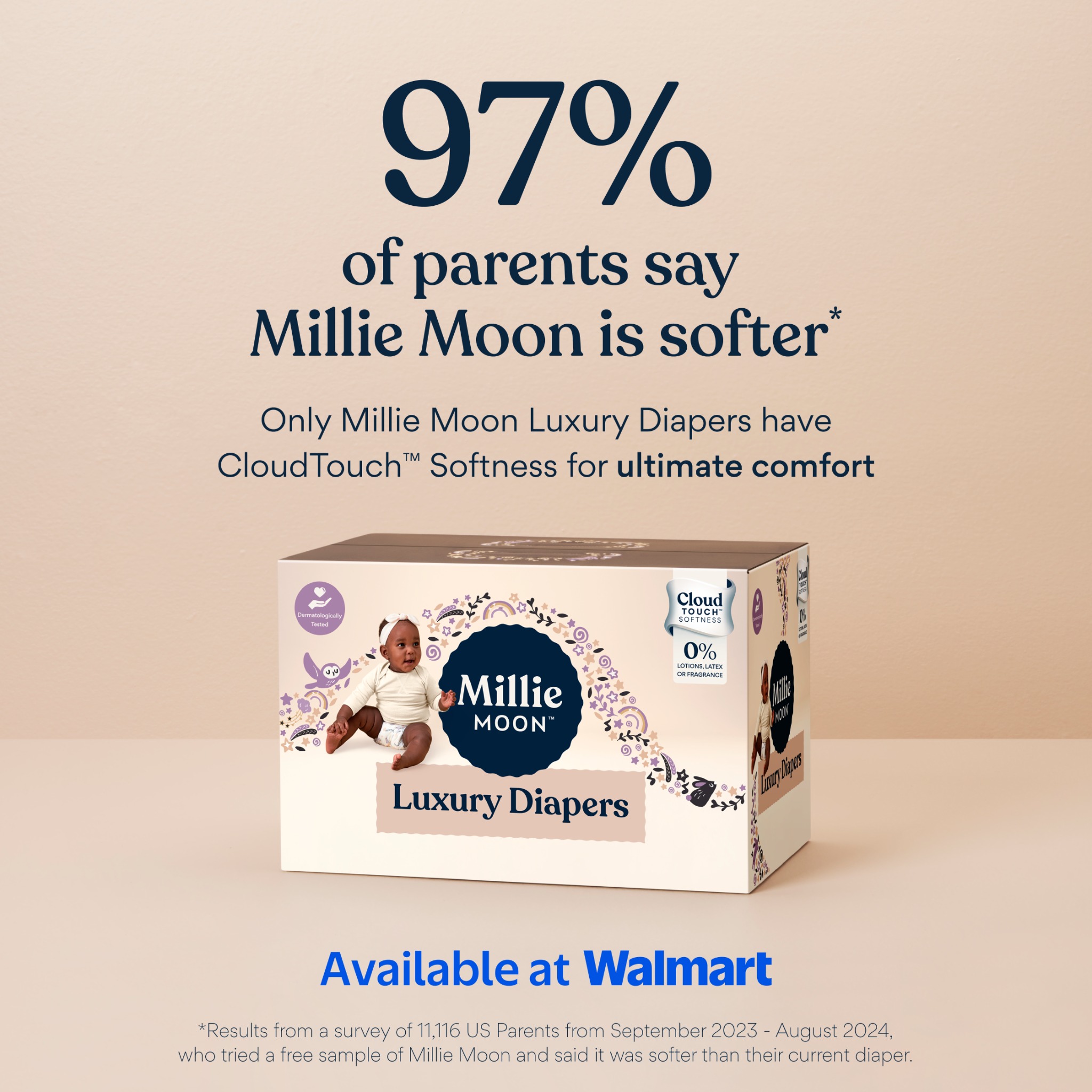 Only Millie Moon Luxury Diapers have CloudTouch™ Softness for ultimate comfort. 

✨ 97% of parents say Millie Moon is softer*
✨ Dermatologist tested 
✨ Safe on sensitive skin
✨ Up to 12 Hour Absorbency**
✨ Enhanced fiber