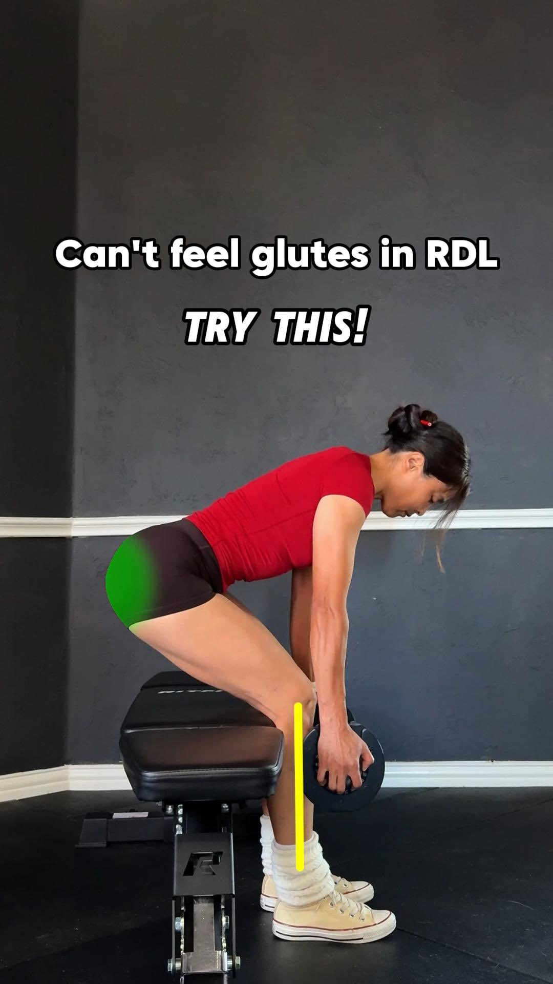 Leg-Supported RDL for Better Glute Engagement:
App from @fitbodapp 
1. Get a stable bench at knee height and support one leg against it.
2. Take a hip-width stance.
3. Keep shoulders away from ears.
4. Hinge at the hips,