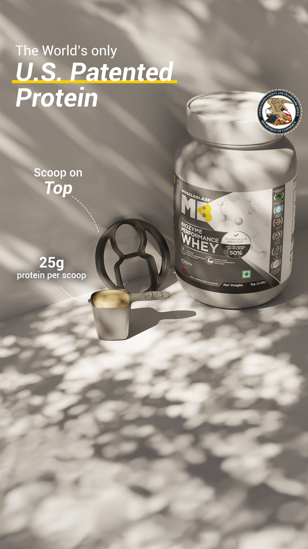 Choose what’s Built on Science, Choose Biozyme Performance Whey
✔ 25g protein per scoop
✔ US patented formula
✔ 100% clean & tested by global labs across the world.