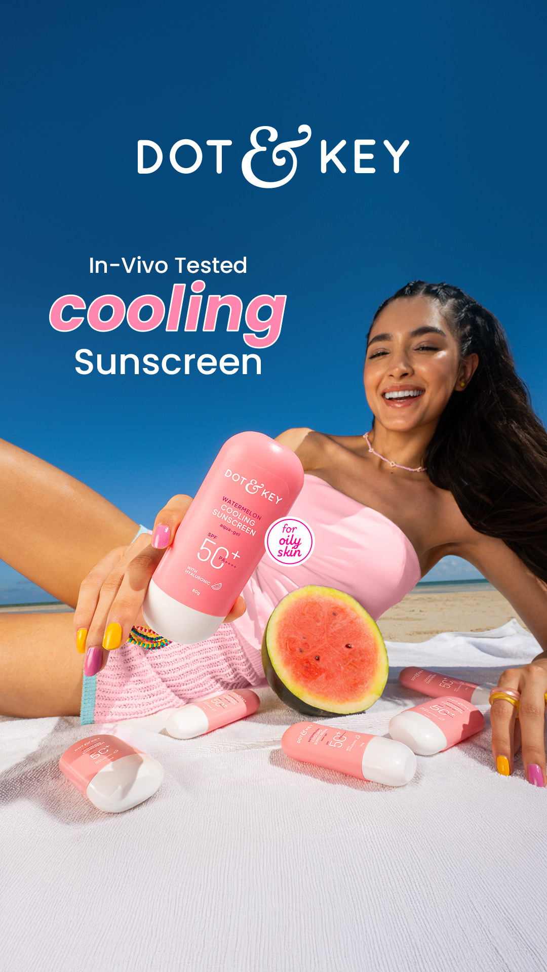 Smooth, Luminous & Protected With Watermelon SPF 50 Sunscreen
🤩 Lightweight Non-Sticky
😊 Instant Cooling

Why Dot & Key? 
✅ Clinically Proven Results
✅ Dermatologically Tested 
✅ Cruelty Free
✅ Efficacy Uncompromised