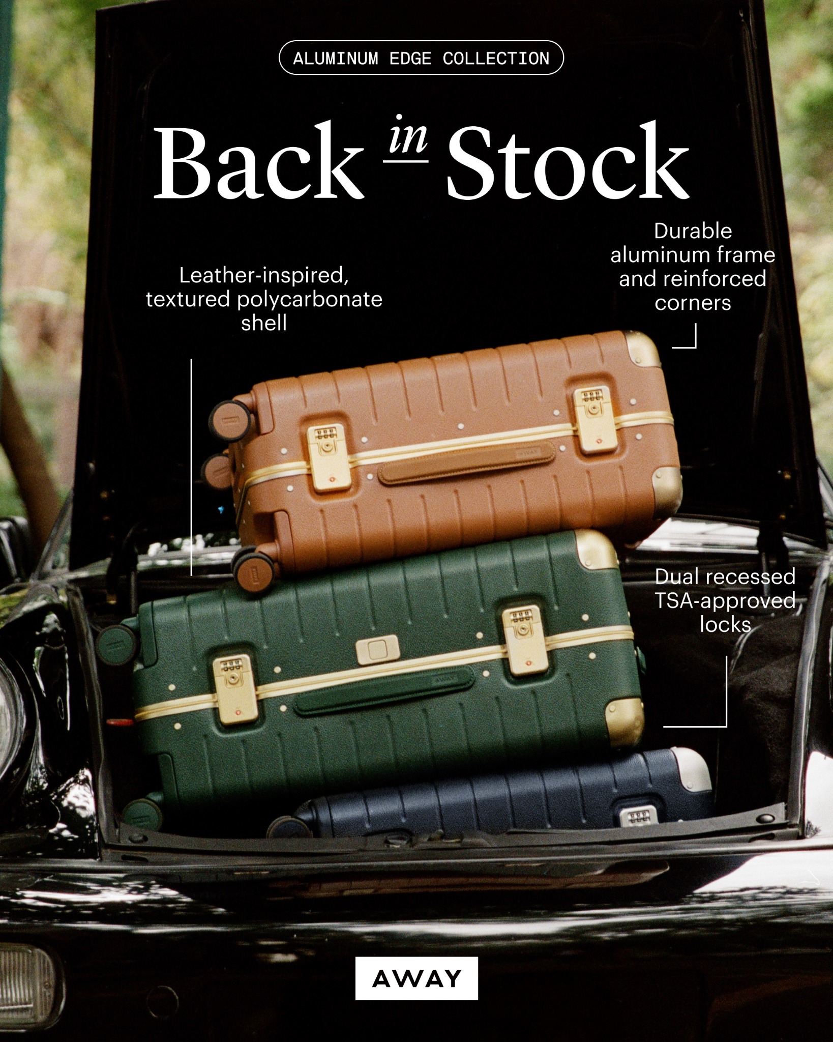 The polish of aluminum meets the strength of our award-winning hard shell. Aluminum Edge is the hybrid luggage that changed the look of travel.

Complete your set before it sells out again. Available in four sizes and th