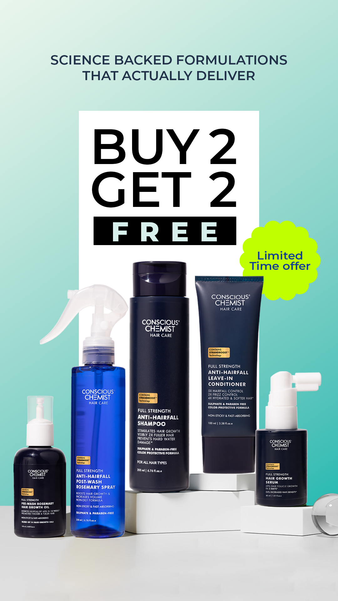 Tired of watching your hair fall out with every wash?

Hair loss isn't a simple fix - it's a multi-step problem! 

Introducing The Conscious Chemist Hair Growth Collection:
• Strengthens roots with Oil and Serum
• Protec