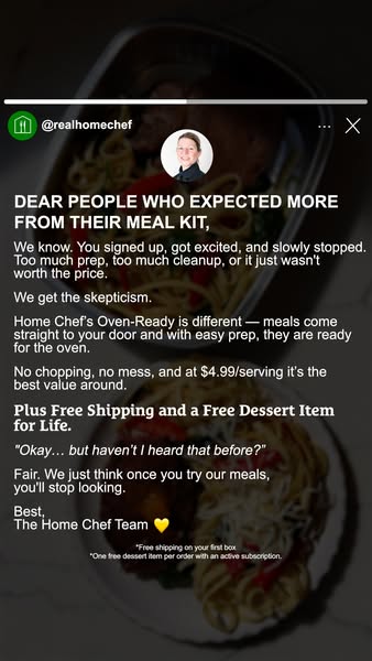 THIS is a game-changer🔥 Get Oven-Ready meals delivered with EVERYTHING included.
  
👌Easy Prep 
🎉No Mess 
👏Only $4.99/serving 
📦Free Shipping on the 1st box 
🍪Free Dessert item for LIFE