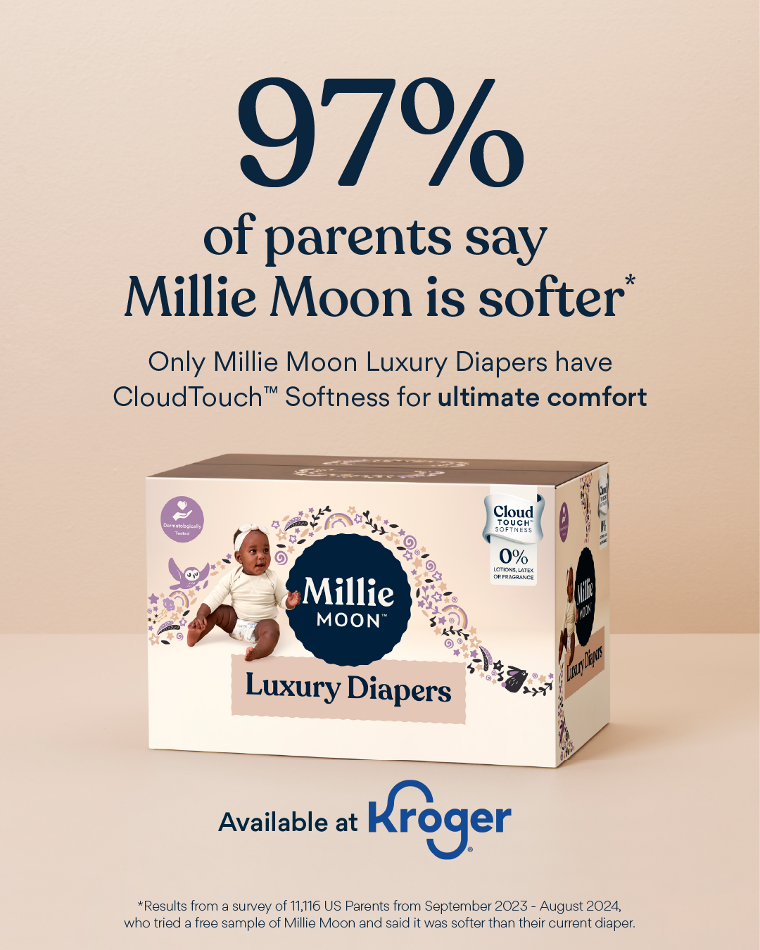 Only Millie Moon Luxury Diapers have CloudTouch™ Softness for ultimate comfort.

✨ 97% of parents say Millie Moon is softer*
✨ Dermatologist tested
✨ Safe on sensitive skin
✨ Up to 12 Hour Absorbency**
✨ Enhanced fiber b