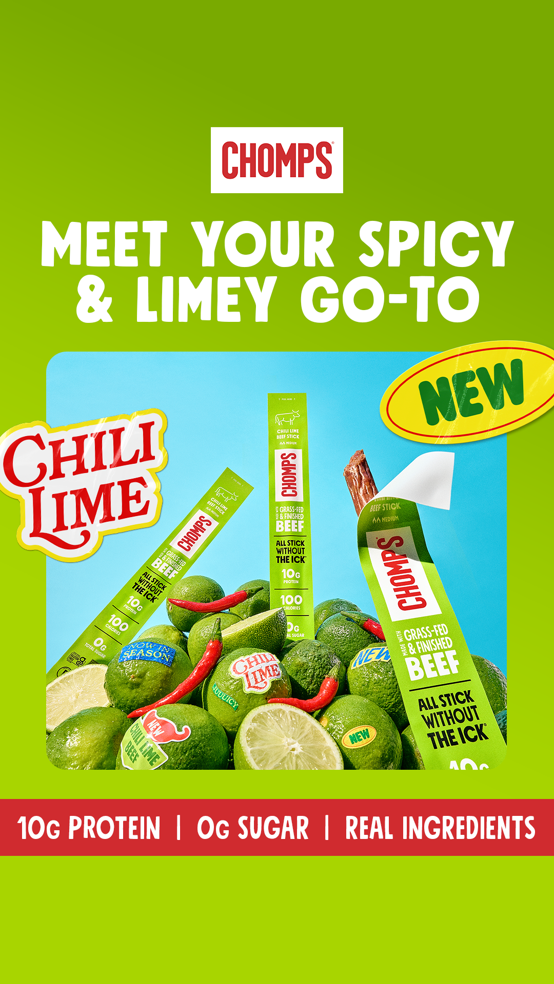 Our newest flavor is sure to be a crowd-pleaser! Chili Lime Beef is the ultimate pick-me-up with 10 grams of protein, 0 grams total sugar, and is made with real ingredients. This flavor packs a citrusy punch with pinch o