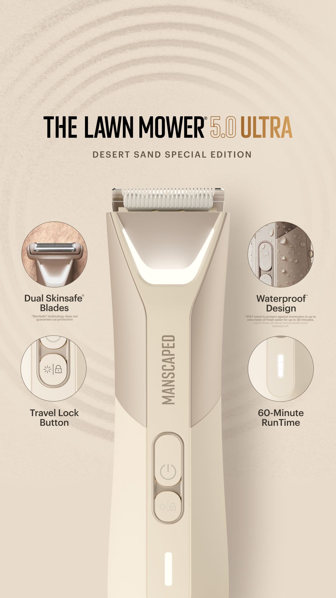 Your favorite MANSCAPED® trimmer got a hot new look 🔥 Introducing The Lawn Mower® 5.0 Ultra Desert Sand Colorway special edition trimmer.

😎 Interchangeable dual-head system to groom your pubes to your liking 
🥵 SkinSafe